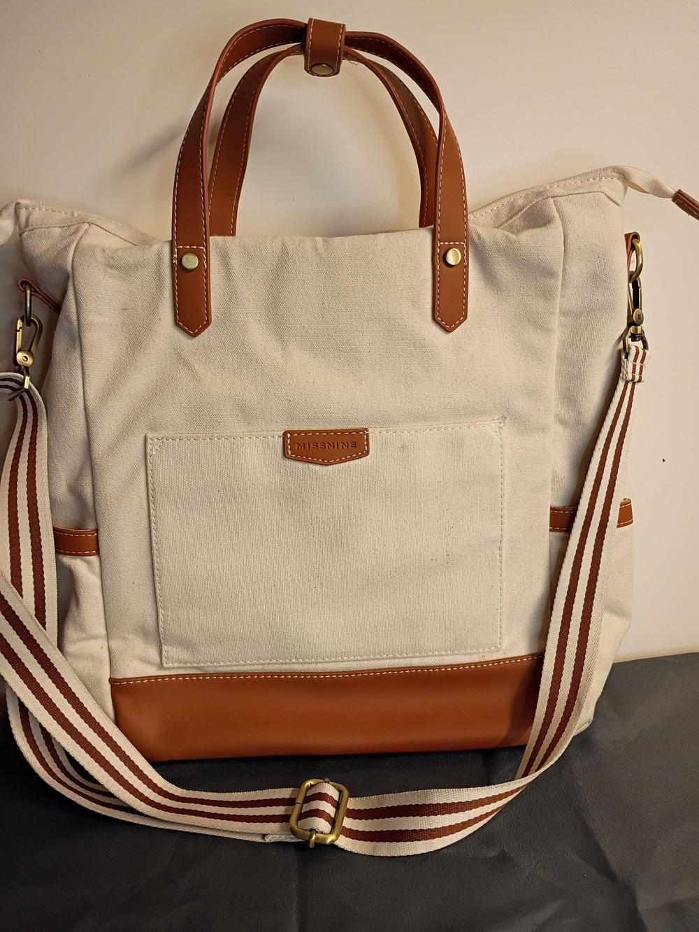 Missnine Canvas Laptop Tote with Tan Accents